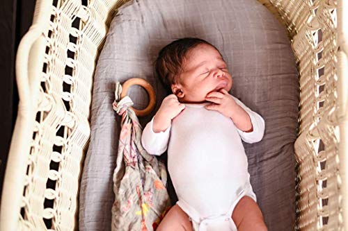Margaux & May Bassinet Sheets | 100% Muslin Cotton | 2 Pack | Perfect for Baby Girl/Boy | Ultra Soft | Breathable | Fitted - Stretch to fit Oval & Rectangle - Solid Grey & Stripes Design - Thumbnail 7