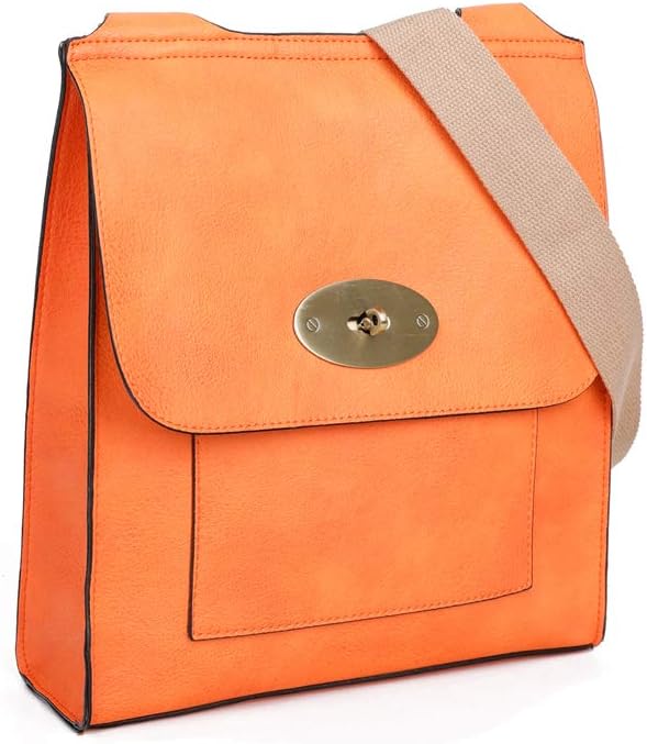 VIVA LONDON Women's Cross Body Bag Faux Leather Flap Twist Lock and Adjustable Shoulder Strap Bag (Orange)