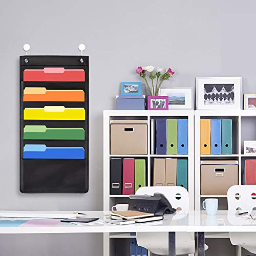 Storage Pocket Chart, 5 Pockets Hanging Wall File Organizer with 4