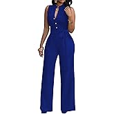 LalaLin Sexy 3/4 Sleeve Jumpsuit for Women V Neck High Waisted Long Wide Leg Pant Button Down Party Romper with Belt