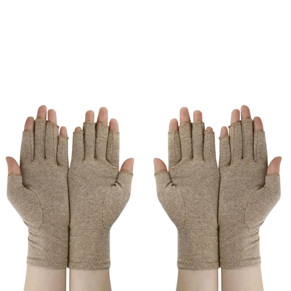 2Pairs Arthritis Compression Gloves for Men & Women | Wrist Support Open Finger Gloves | Breathable Moisture Wicking Fabric, Hand Therapy Carpal Tunnel Gloves, Relieve Arthritis Pain | Brown (L)