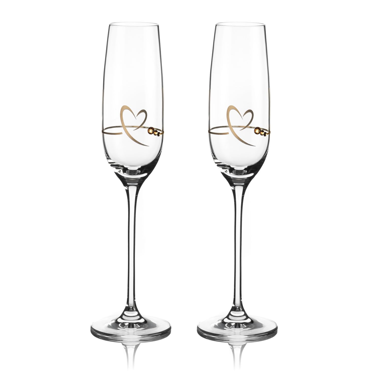DIAMANTE Champagne Flutes Prosecco Glasses Pair Heart of Gold Design Embellished with Swarovski Crystals with Gift Box Set of 2