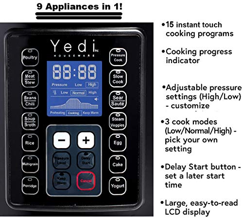 Total Package 9-in-1 Black Instant Programmable Pressure Cooker, with Endless Recipes and Deluxe Accessory Kit by Yedi Houseware (6 Qt) - Thumbnail 3