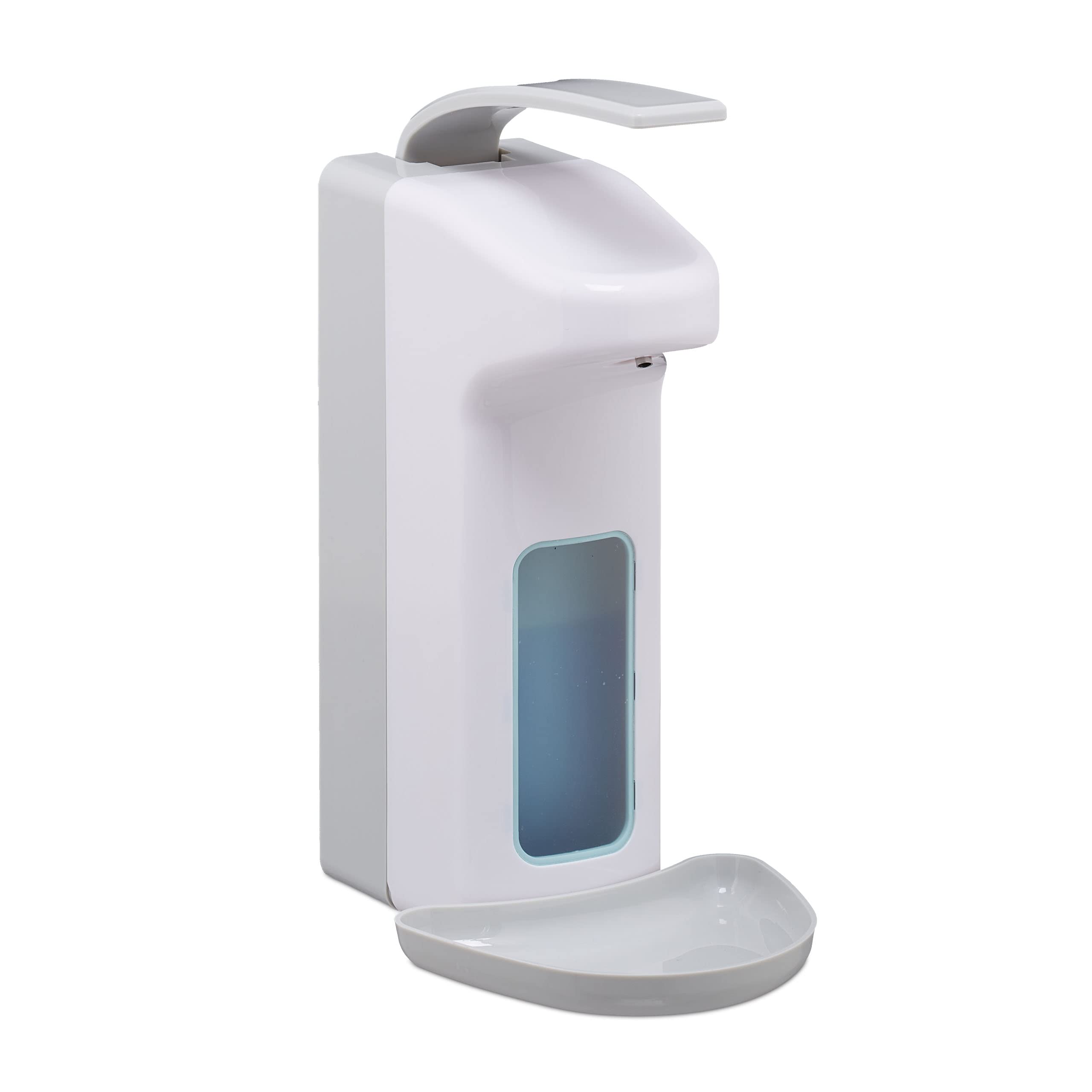 Relaxdays Soap Dispenser, 1000 ml, Drip Tray, Lever, Sanitizer Container, Wall-Mount, Hygienic, White