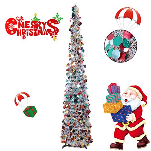 Collapsible Christmas Trees 5 Foot Artificial Tinsel Xmas Tree, Pop Up Multicolored Pencil Sequin Coastal for Holiday, Apartment, Party, Home, Office, Christmas Decorations, Fireplace-Colorful Silver