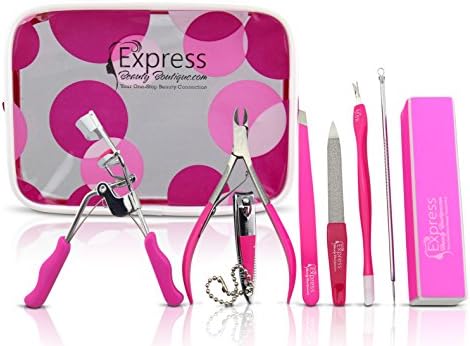 9pcs Beauty Tools Set: Eyelash Curler, Tweezers, Cuticle Nipper, Nail Pusher, Nail File, Cuticle Trimmer, Blackhead Remover, Nail Buffer and PVC Case (Pink). Get Your Best Beauty Gift!