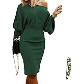 Yazinie Sweater Dresses for Women 2025 Elegant Casual Off Shoulder Long Lantern Sleeve Dress Plus Size Fall Dresses Green