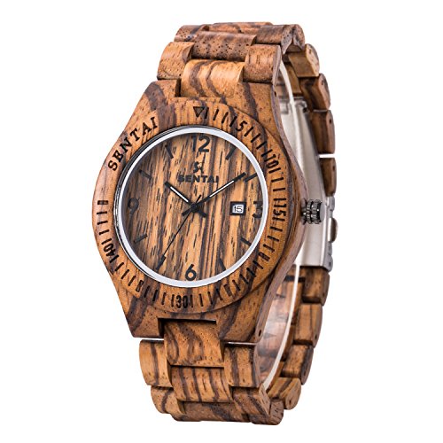 Mens Wood Watch,45mm Big Watch Dial,with Watch Band Tool,Luminous Pointer (Zebra Wood(Date Display))