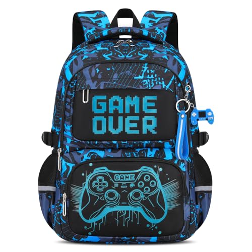 Amythe Boys Bright Backpack, Primary School Bag Teenager Waterproof Durable School Bag with Reflective Strips Large Capacity for Travel, Blue