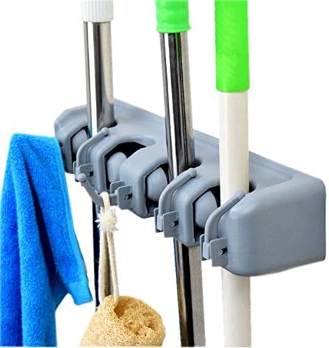 DGBC Wall Mounted Mop and Broom Holder, 4 position with 5 hooks garage storage Holds up to 9 Tools,Effortless Installation (Screws Included). (4 position 5 hooks)