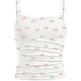 Floerns Girl's Cute Bow Print Camisole Tops Ruched Sleeveless Spaghetti Strap Top