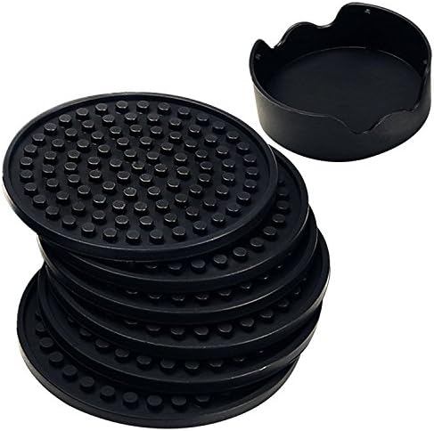 Coasters for Drink, Set of 6 Rubber Coasters with Holder for Bar Wiskey Wine Cork Beer Beverages Tea Kitchen Furniture, Strong Grip Deep Tray Anti-Skip Heat-Resistant Silcone Coaster