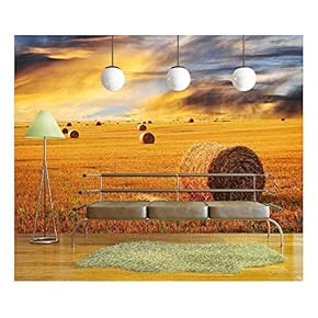 Golden Sunset Over Farm Field with hay Bales - Removable Wall Mural | Self-Adhesive Large Wallpaper - 66x96 inches