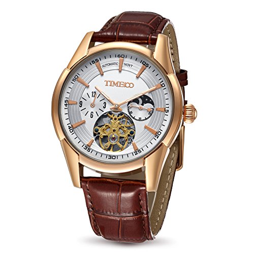 Time100 mens leather strap dual time skeleton sun&m…