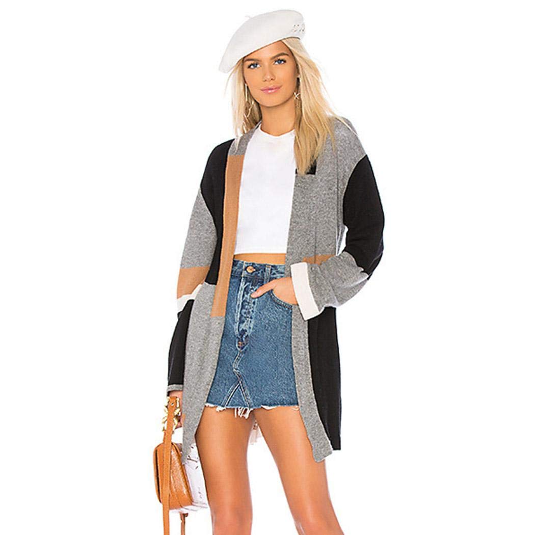 XioNiu Women Casual V-Neck Long Sleeve Patchwork Open Stitch Cardigan Coat Cardigans Gray