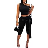 Vssjavun Women's 2 Piece Outfits Sexy Sleeveless One Shoulder Crop Tops Bodycon Capri Pants Sets