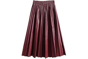 Women's Mid-Length High Waist PU Leather A-Line Pleated Skirt Elastic Waist Knee Length Half Skirt for Casual Wear