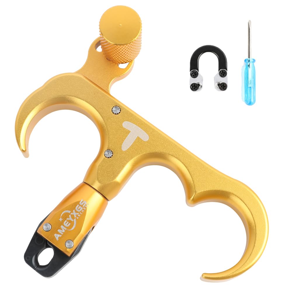 SHARROW Archery Thumb Trigger Release 3 Finger Compound Bow Release Aids with Metal D-loop Ring for Hunting Shooting (Gold)