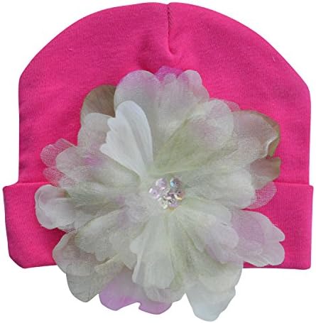 PLH Bows Cotton Hat with Large Organza Flower with Sequin Center for Infants