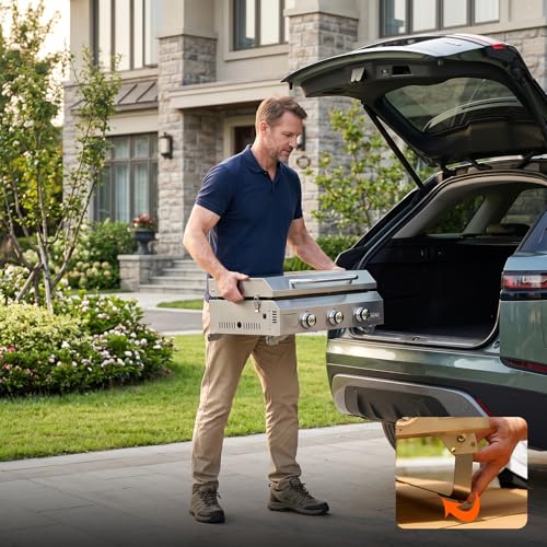 onlyfire Plancha à Gaz de Table en Inox, Barbecue Gaz avec Couvercle et 3 Brûleurs 7kW, Plancha 57x36cm avec Revêtement en Céramique Antiadhésif, Pieds Pliables pour Terrasse, Balcon et Camping