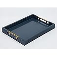 Serving Tray with Polished Metal Handles, 16.5''x12'' Rectangle Coffee Table Tray, Modern Decorative Tray, Large Ottoman Tray, Perfect for Storage and Display (Blue)
