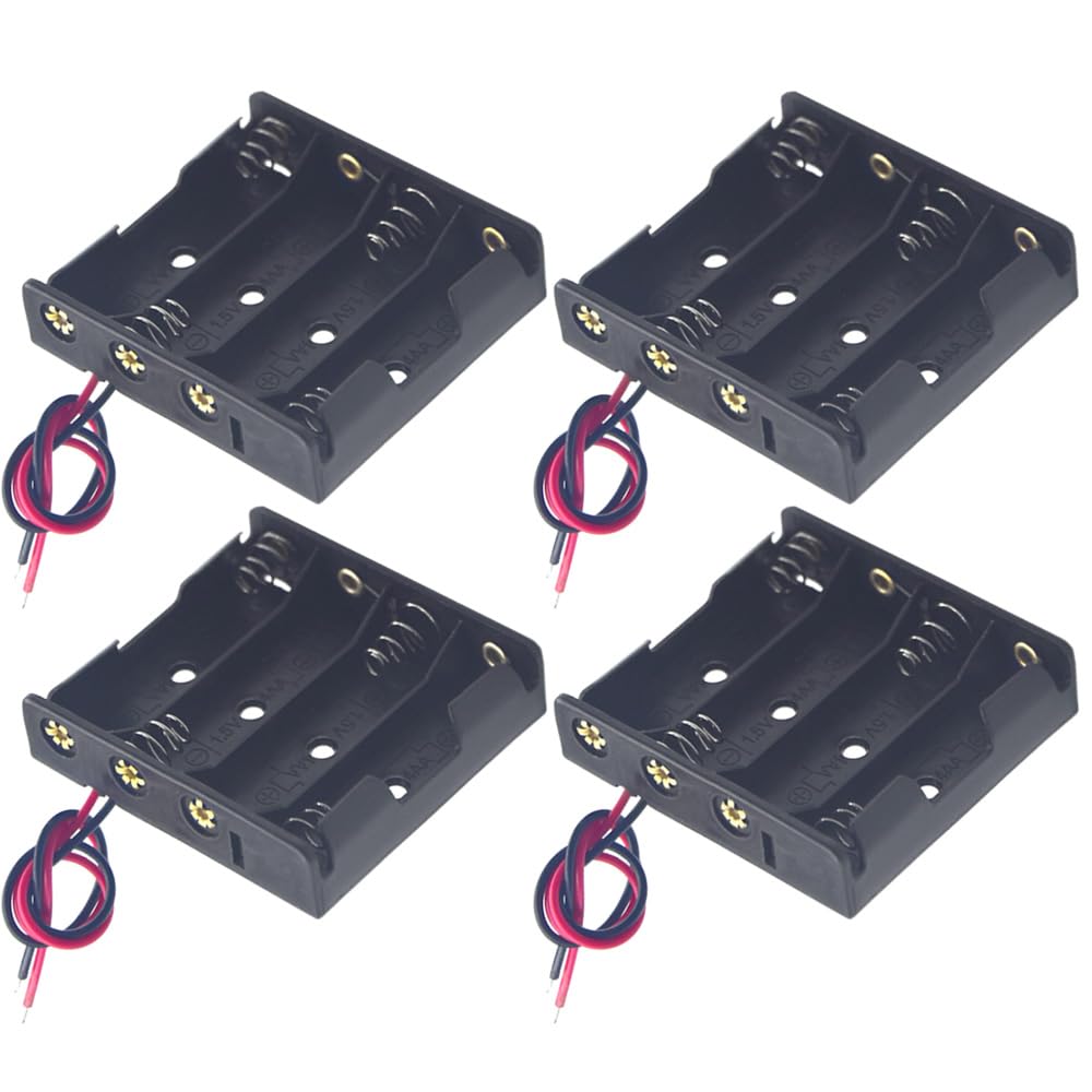 Yosawo 4-Pieces 4x1.5V(6V) AA Battery Holder Case,Black Plastic DIY Battery Storage Box with Red and Black Wire Leads（AA4)