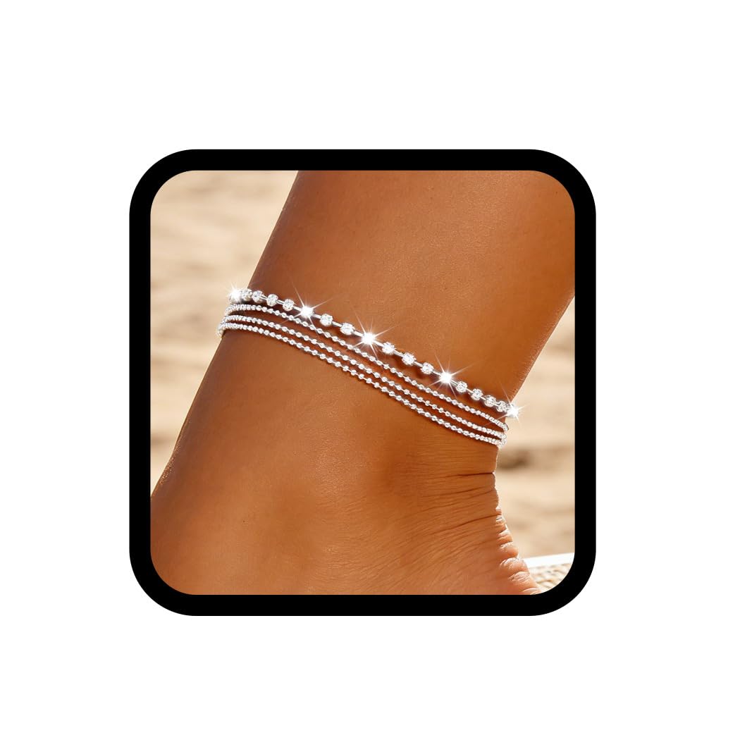 Zoestar Layered Crystal Anklet Silver Rhinestone Ankle Bracelet Boho Foot Chain Jewelry for Women and Girls