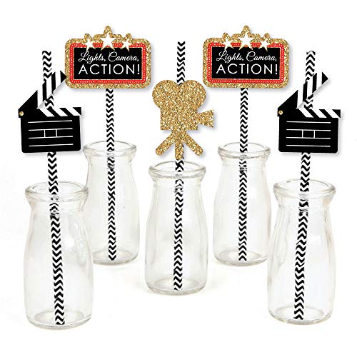 Red Carpet Hollywood - Paper Straw Decor - Movie Night Party Striped Decorative Straws - Set of 24