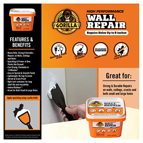Gorilla Heavy Duty Wall Repair Spackling + Primer, 16 Ounce Tub,White Pricepulse