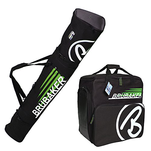HENRY BRUBAKER "Champion" Combo Ski Boot Bag and Ski Bag for 1 Pair of Ski up to 170 cm, Poles, Boots and Helmet - Black Green
