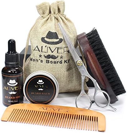 5 PCS Men Beard Care Kit, Natural Beard Oil, Beard Brush, Mustache Comb, Mustache Balm Beard Wax Scissors Beard Grooming & Trimming Kit Perfect Gift Kit For Men Daddy