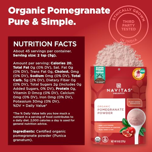 Navitas Organics Pomegranate Powder – Organic Juice Powder - For Smoothies, Desserts, Dips & More – Antioxidant Support - USDA Organic, Non GMO, Kosher, Gluten Free, Vegan (8oz. Bag, 45 Servings)