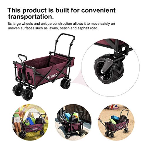 ENKEEO Foldable Utility Wagon Collapsible Sports Outdoor Cart with Removable Canopy, Large Capacity and Tilting Handle for Camping Beach Sporting Events Concerts Shopping (Burgundy)