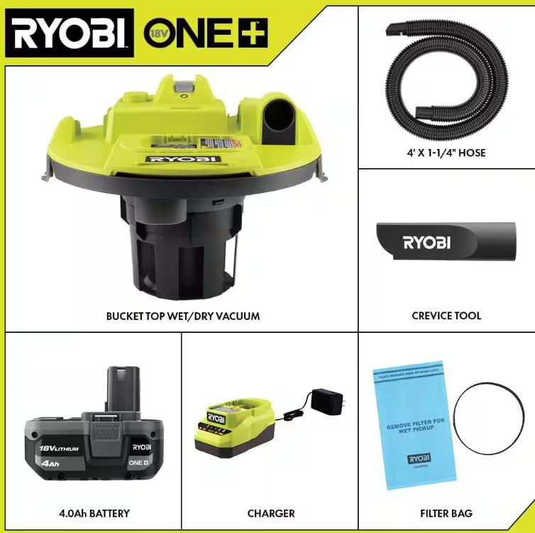 RYOBI ONE+ 18V Cordless 5 Gal. Bucket Top Wet/Dry Vacuum Kit with 4.0 Ah Battery and Charger