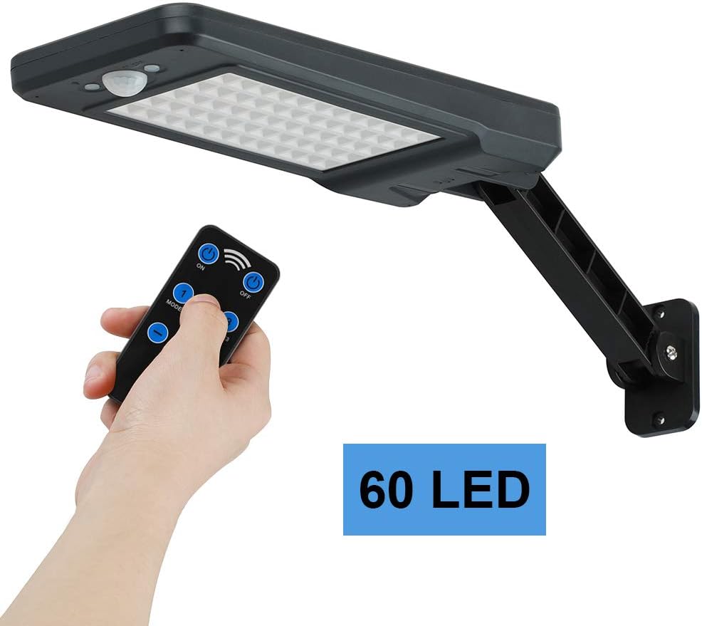 SUMAOTE Solar Lights Outdoor Motion Sensor Remote Control, 60 Led Wall Mount Solar Flood Lights Waterproof Wireless Security Lamp with 3 White Lighting Modes for Deck Road Courtyard