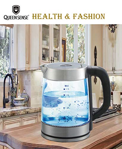 QUEEN SENSE Electric Tea Kettle (BPA Free), Fast Boiling Glass Tea Kettle (1.7L), Blue Light, 1500W, Double Wall, Cordless, Stainless Steel Finish Hot Water Kettle,Tea Pot,Hot Water Heater Dispenser