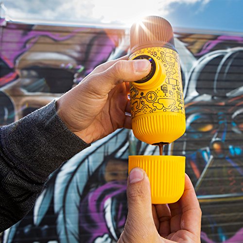 Wacaco Nanopresso Portable Espresso Maker bundled with Protective Case, Yellow Tattoo Patrol Edition, 18 Bar Pressure, Extra Small Travel Coffee Maker, Manually Operated Perfect for Kitchen and Office