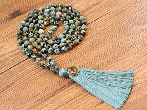 COAI OM Charm Hand Knotted Tassel 108 Mala Beads African Turquoise Stone Beaded Necklace