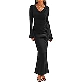 ZESICA Women's 2026 Fall Long Sleeve Ruched Knit Bodycon Maxi Dress Cowl Neck Back Slit Formal Wedding Guest Cocktail Dresses