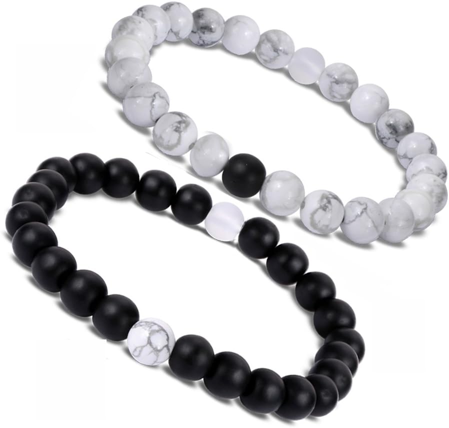 Distance Bracelet Black Matte Agate & White Howlite Energy Stone Beads Bracelet Set Couple Bracelet