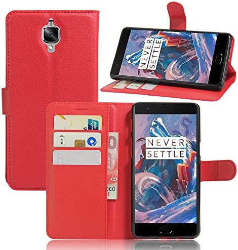Pacuwi Protective Wallet Case Leather PU Flip Full Body Phone Cover for OnePlus 3T/3 with Card Slots Cash Holder Phone Stand (Red)