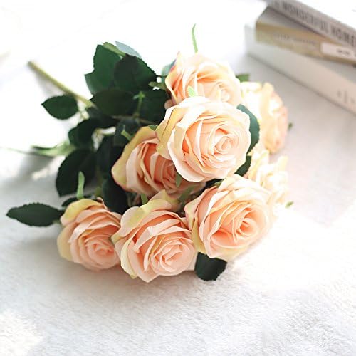 USONE Bouquet of 10 Real touch Roses Artificial flower real touch wedding flower for room home hotel party Event Christmas gift decoration (Champagne)