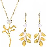 Sixexey Gold Flower Jewelry Set Pearl Flower Leaf Necklace Earrings Bridal Wedding Prom Costume Jewelry Accessories for Women