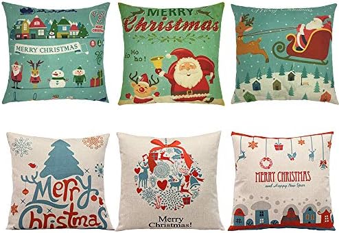 Youthny 6PCS Christmas Pillow Covers Throw Pillow Case Merry Christmas Decorative Sofa Throw Pillow Case Cushion Covers Home Sofa Couch Bed Decor 18 x 18 Inch, Cotton Linen