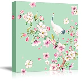 Square Canvas Wall Art - Light Green Watercolor Style Painting of a Crane Standing on Top of a Blooming Tree Branch - Giclee Print Gallery Wrap Modern Home Art Ready to Hang - 12x12 inche