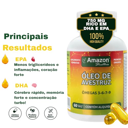 Kit 2 Óleo de Avestruz 750mg – Ômegas 3-6-7-9 + Vitaminas A, D3, K2 e B – 60 Cáps - Amazon Struthio