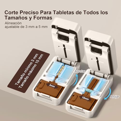 Cortador de Pastillas con Hoja Oculta, Evita Cortes en las Manos, Cortador de Pastillas Ajustable, Corte Preciso de Medicamentos, Divide en 2/4 Partes, para la Mayoría de las Tabletas (Blanco Marron)
