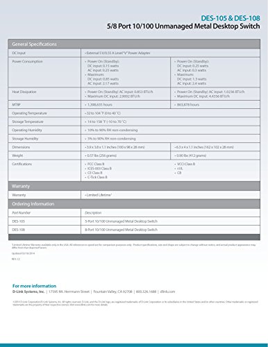 D-Link 5 Port 10/100 Unmanaged Metal Desktop Switch (DES-105)