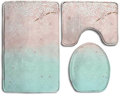 Bath Mat,3 Piece Bathroom Rug Set,Cherry Blossoms Art Flannel Non Slip Toilet Seat Cover Set,Large Contour Mat,Lid Cover For Men/Women