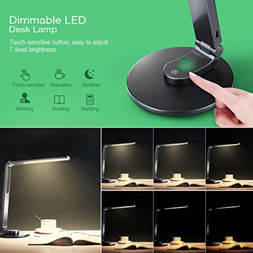 LITOM LED Desk Lamp, Eye-Caring Table Lamps with USB Charging Port LED Table Lamp, 5 Lighting Mode with 7 Brightness Levels, Touch Control Office Lamp for Kids Families, Office and Bedroom, Black